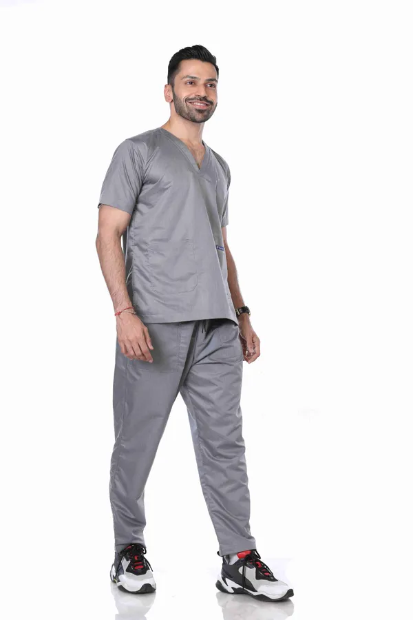 Grey_5_Pocket_V_Neck_Scrub_With_Cap_&_Mask_For_Men
