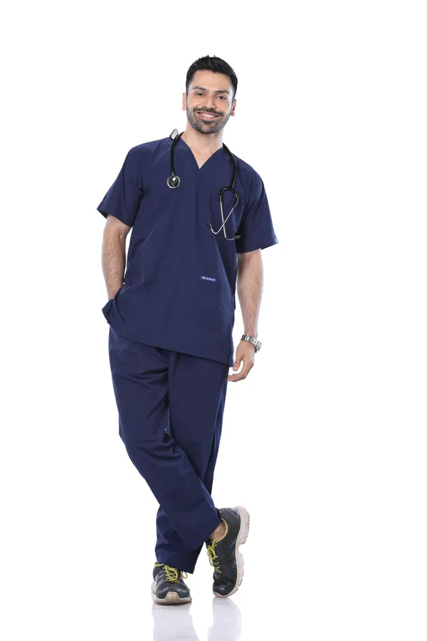 Navy_Blue_9_Pocket_Scrub_V_Neck_With_Cap_&_Mask_For_Men