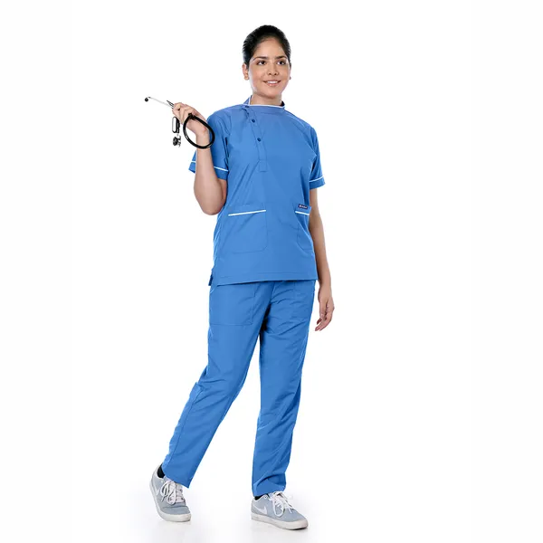 Sky_Blue_5_Pocket_Biofit_Collar_Scrub_With_Cap_&_Mask_For_Women