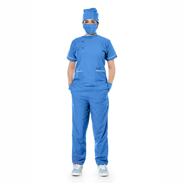 Sky_Blue_5_Pocket_Biofit_Collar_Scrub_With_Cap_&_Mask_For_Women
