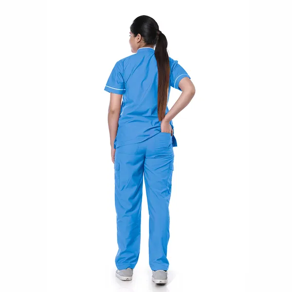Sky_Blue_5_Pocket_Biofit_Collar_Scrub_With_Cap_&_Mask_For_Women