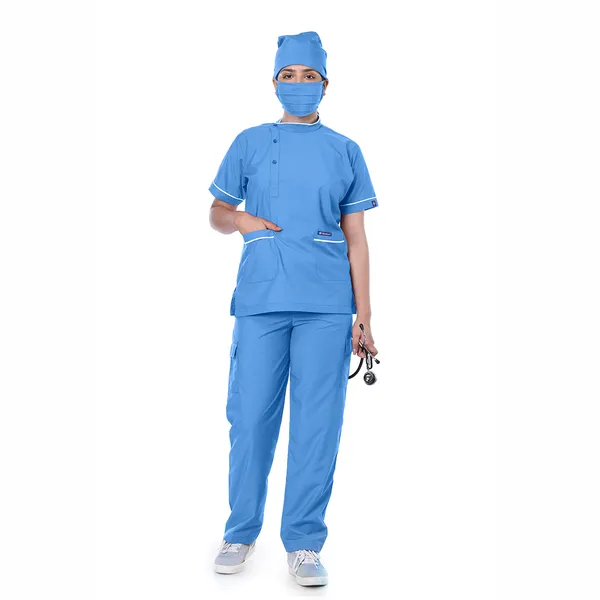 Sky_Blue_5_Pocket_Biofit_Collar_Scrub_With_Cap_&_Mask_For_Women