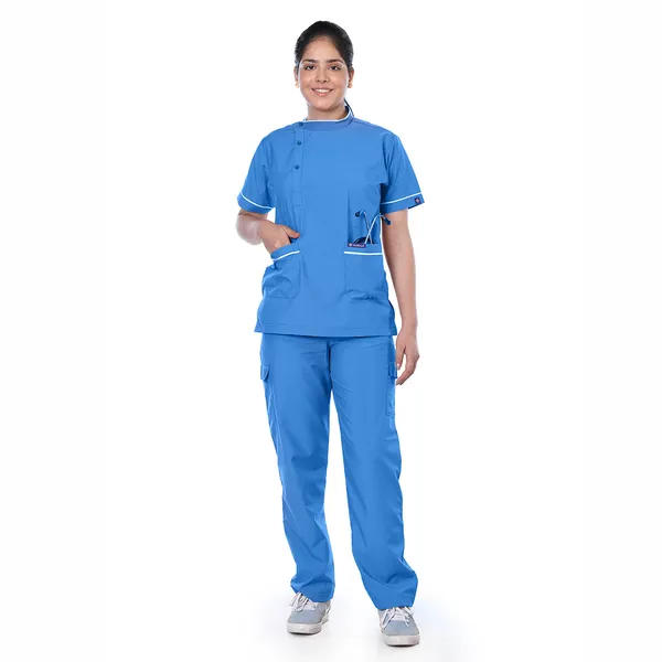 Sky_Blue_5_Pocket_Biofit_Collar_Scrub_With_Cap_&_Mask_For_Women