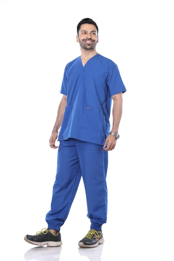 Royal_Blue_7_Pocket_V_Neck_Scrub_With_Cap_&_Mask_For_Men