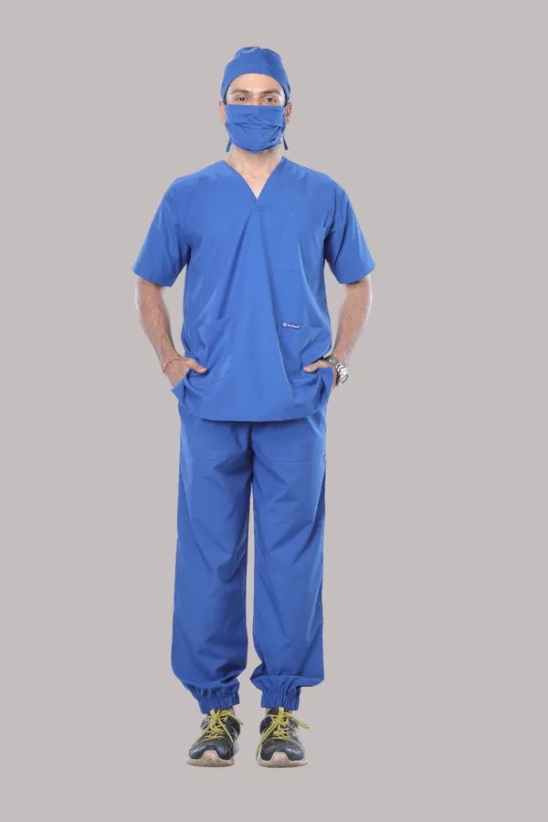 Royal_Blue_7_Pocket_V_Neck_Scrub_With_Cap_&_Mask_For_Men