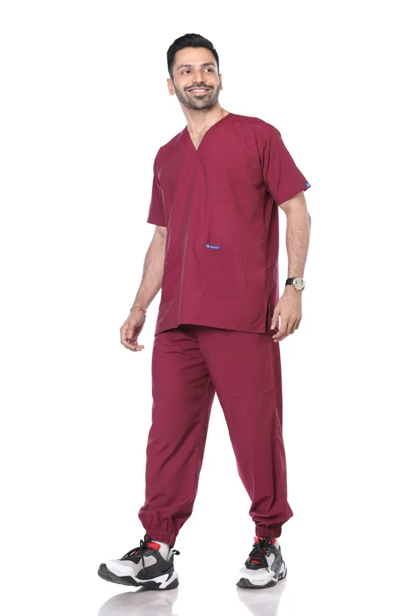 Maroon_7_Pocket_Mandarin_Collar_Scrub_With_Cap_&_Mask_For_Men