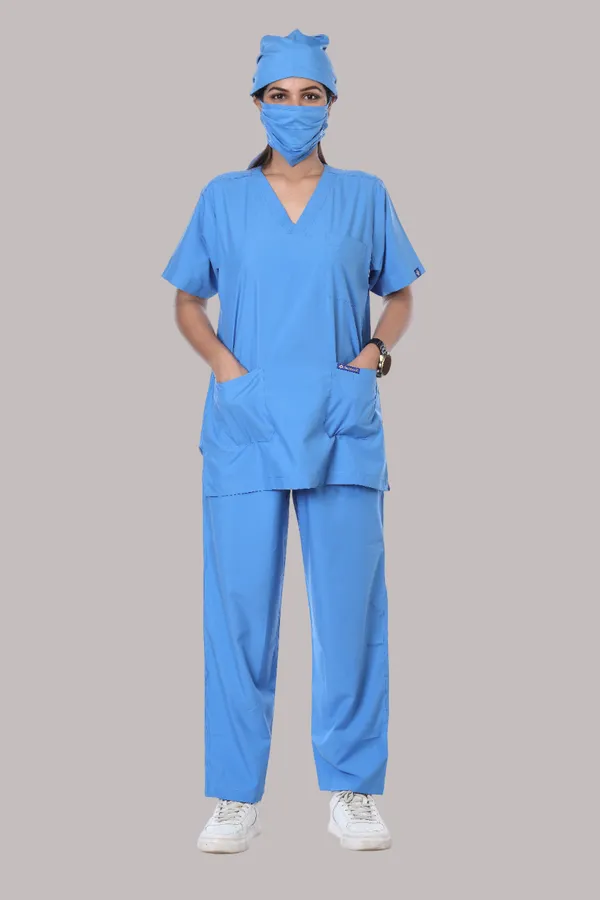 Sky_Blue_5_Pocket_V_Neck_Scrub_With_Cap_&_Mask_For_Women