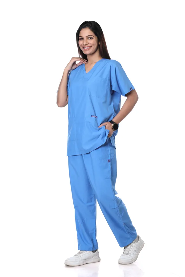 Sky_Blue_5_Pocket_V_Neck_Scrub_With_Cap_&_Mask_For_Women