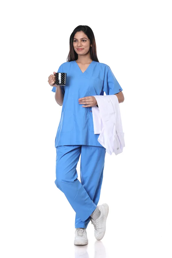 Sky_Blue_5_Pocket_V_Neck_Scrub_With_Cap_&_Mask_For_Women
