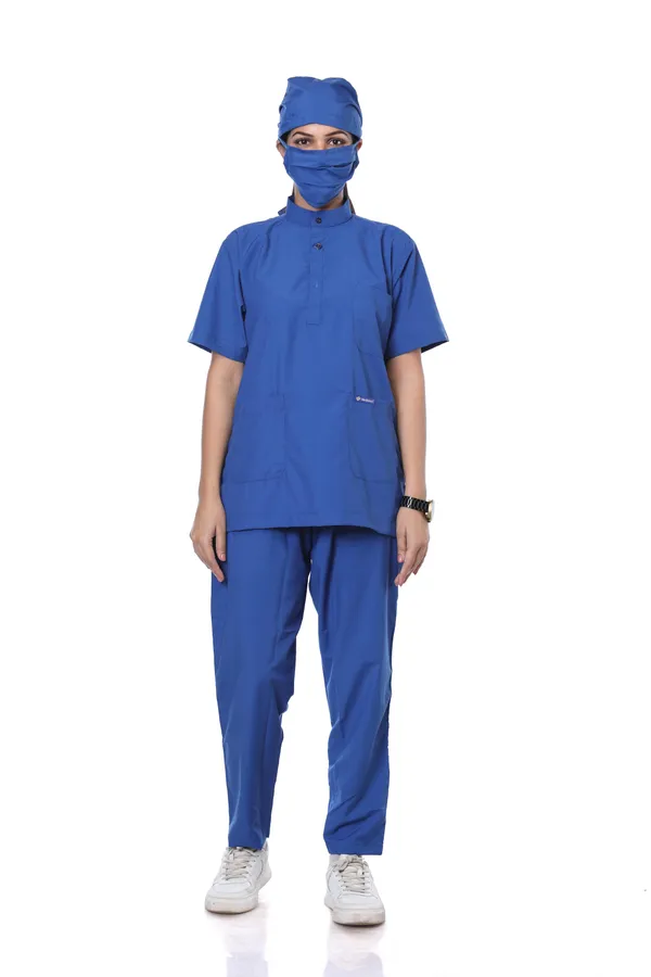Royal_Blue_7_Pocket_Mandarin_Collar_Scrub_With_Cap_&_Mask_For_Women