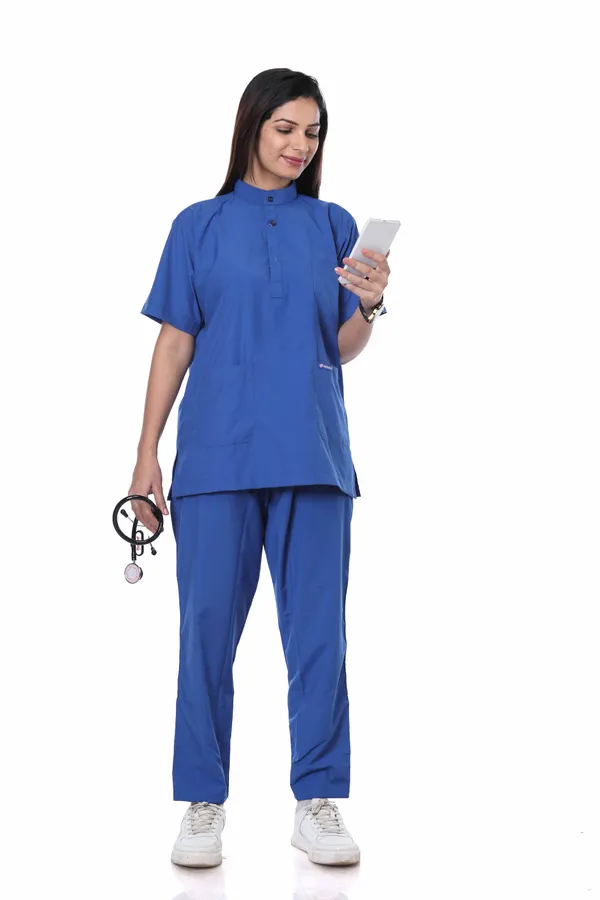 Royal_Blue_7_Pocket_Mandarin_Collar_Scrub_With_Cap_&_Mask_For_Women