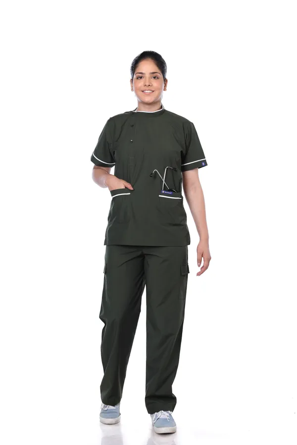 Forest_Green_9_Pocket_Biofit_Collar_Scrub_With_Cap_&_Mask_For_Women
