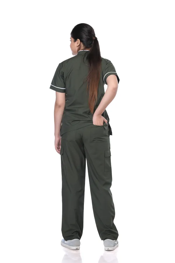 Forest_Green_9_Pocket_Biofit_Collar_Scrub_With_Cap_&_Mask_For_Women