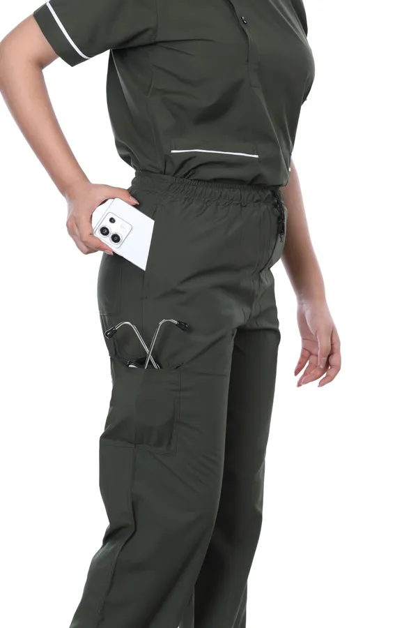 Forest_Green_9_Pocket_Biofit_Collar_Scrub_With_Cap_&_Mask_For_Women