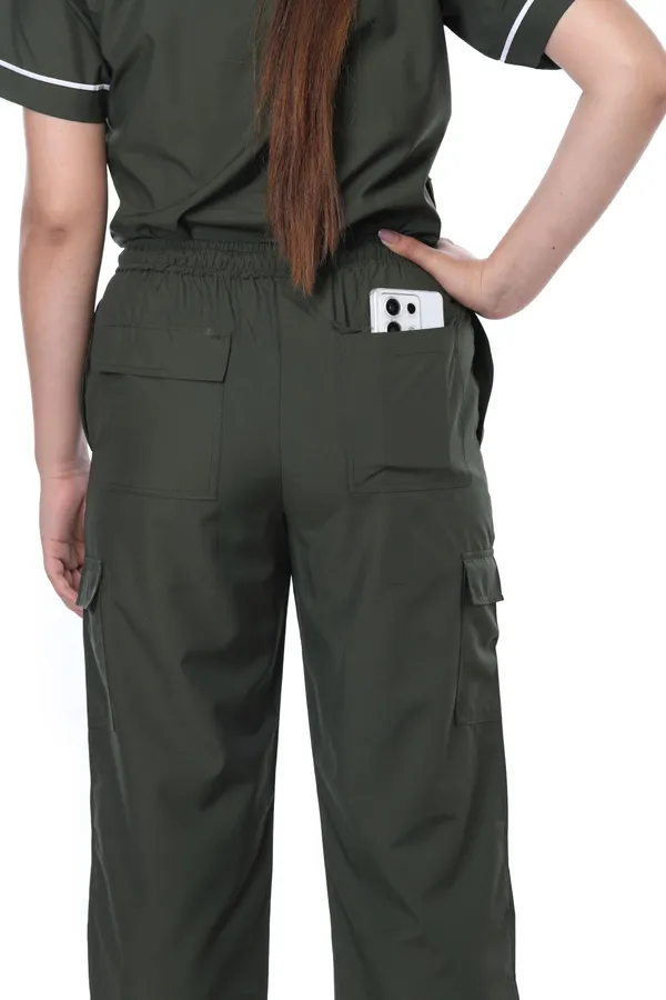 Forest_Green_9_Pocket_Biofit_Collar_Scrub_With_Cap_&_Mask_For_Women
