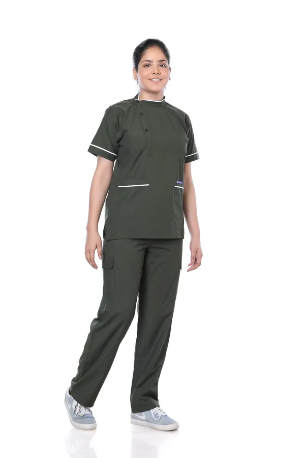 Forest_Green_9_Pocket_Biofit_Collar_Scrub_With_Cap_&_Mask_For_Women