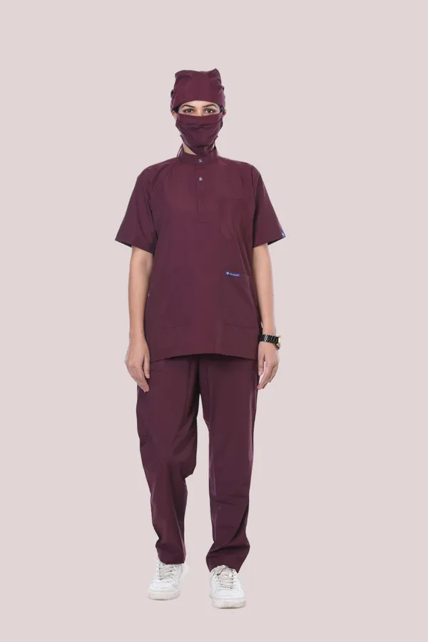 Wine_7_Pocket_Mandarin_Collar_Scrub_With_Cap_&_Mask_For_Women
