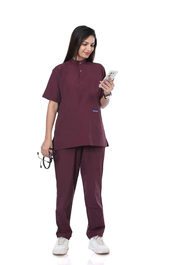 Wine_7_Pocket_Mandarin_Collar_Scrub_With_Cap_&_Mask_For_Women