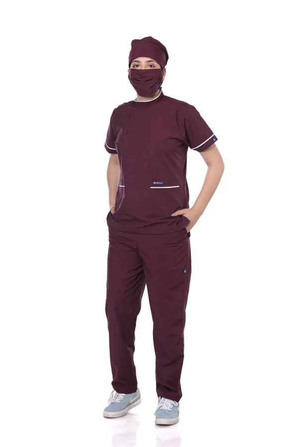 Wine_7_Pocket_Biofit_Collar_Scrub_With_Cap_&_Mask_For_Women