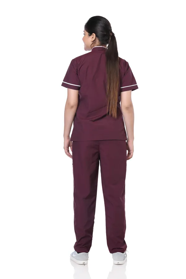 Wine_7_Pocket_Biofit_Collar_Scrub_With_Cap_&_Mask_For_Women