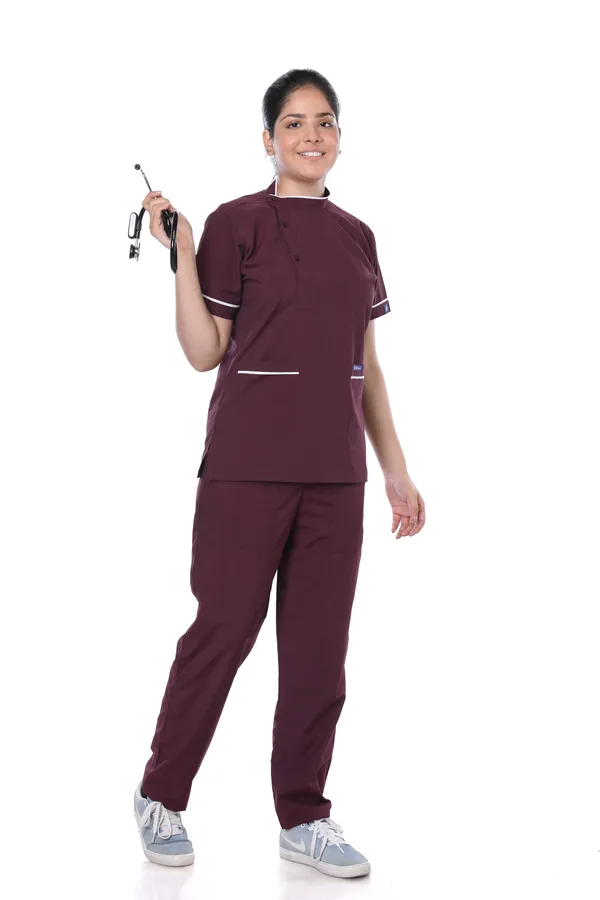 Wine_7_Pocket_Biofit_Collar_Scrub_With_Cap_&_Mask_For_Women