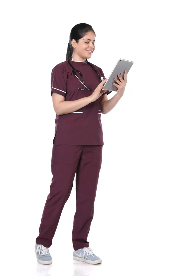 Wine_7_Pocket_Biofit_Collar_Scrub_With_Cap_&_Mask_For_Women