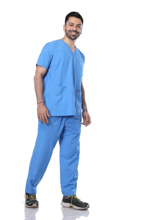 Sky_Blue_9_Pocket_Scrub_V_Neck_With_Cap_&_Mask_For_Men