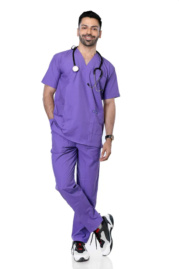 Lavender_5_Pocket_V_Neck_Scrub_With_Cap_&_Mask_For_Men