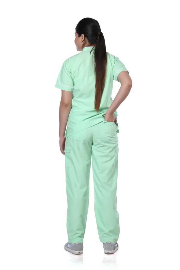 Pastel_Green_9_Pocket_Biofit_Collar_Scrub_With_Cap_&_Mask_For_Women