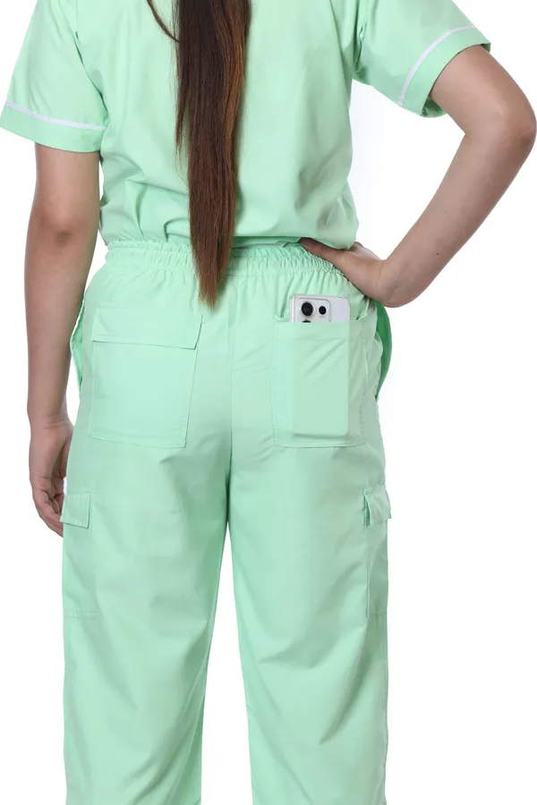 Pastel_Green_9_Pocket_Biofit_Collar_Scrub_With_Cap_&_Mask_For_Women