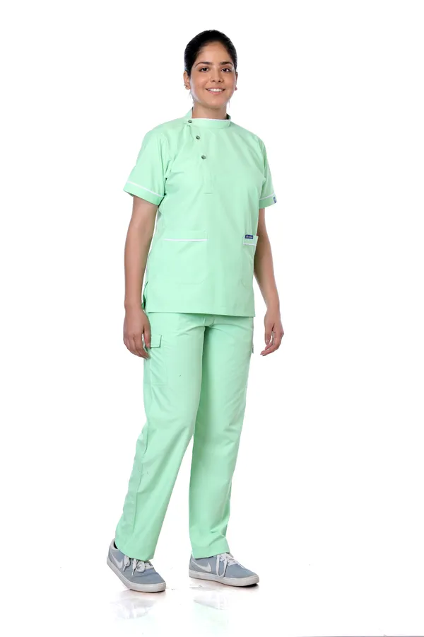 Pastel_Green_9_Pocket_Biofit_Collar_Scrub_With_Cap_&_Mask_For_Women