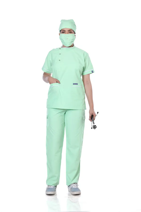 Pastel_Green_9_Pocket_Biofit_Collar_Scrub_With_Cap_&_Mask_For_Women
