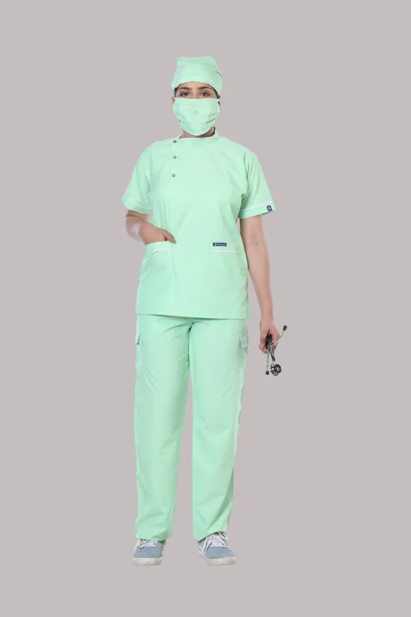 Pastel_Green_9_Pocket_Biofit_Collar_Scrub_With_Cap_&_Mask_For_Women