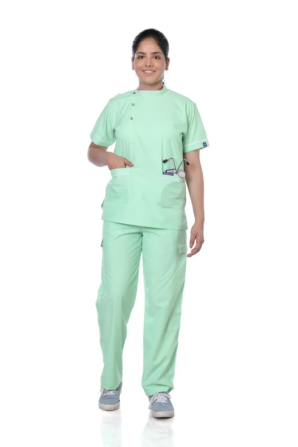 Pastel_Green_9_Pocket_Biofit_Collar_Scrub_With_Cap_&_Mask_For_Women