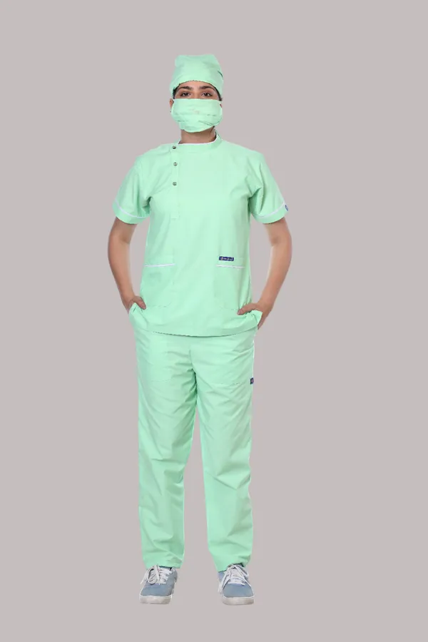 Pastel_Green_5_Pocket_Biofit_Collar_Scrub_With_Cap_&_Mask_For_Women