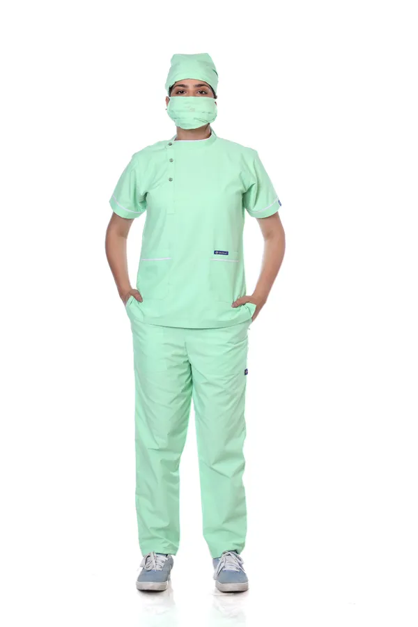 Pastel_Green_5_Pocket_Biofit_Collar_Scrub_With_Cap_&_Mask_For_Women