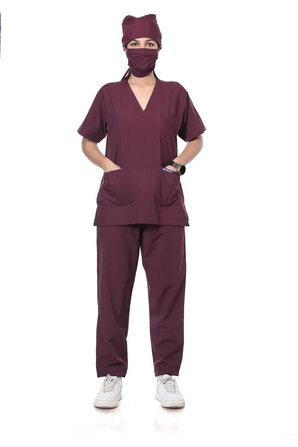 Wine_9_Pocket_Scrub_V_Neck_With_Cap_&_Mask_For_Women
