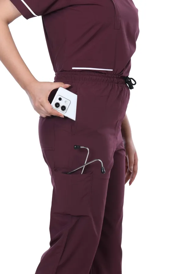 Wine_9_Pocket_Scrub_V_Neck_With_Cap_&_Mask_For_Women