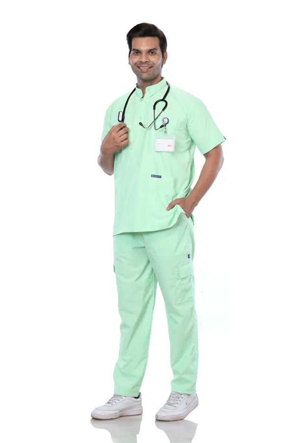 Pastel_Green_9_Pocket_Mandarin_Collar_Scrub_With_Cap_&_Mask_For_Men