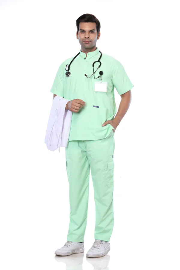 Pastel_Green_9_Pocket_Mandarin_Collar_Scrub_With_Cap_&_Mask_For_Men