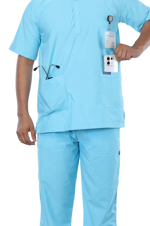 Pastel_Blue_5_Pocket_Mandarin_Collar_Scrub_With_Cap_&_Mask_For_Men