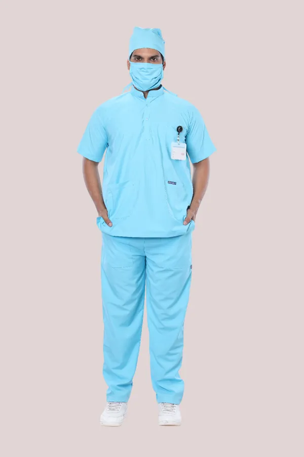Pastel_Blue_5_Pocket_Mandarin_Collar_Scrub_With_Cap_&_Mask_For_Men