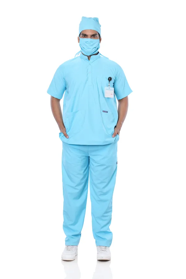 Pastel_Blue_5_Pocket_Mandarin_Collar_Scrub_With_Cap_&_Mask_For_Men