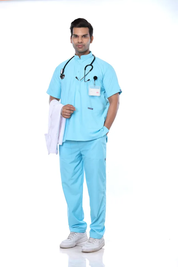 Pastel_Blue_5_Pocket_Mandarin_Collar_Scrub_With_Cap_&_Mask_For_Men