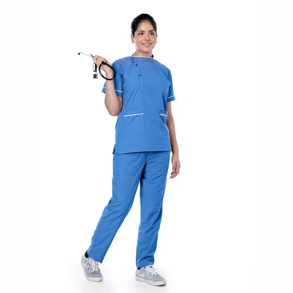 Sky_Blue_7_Pocket_Biofit_Collar_Scrub_With_Cap_&_Mask_For_Women