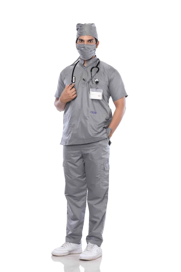 Grey_7_Pocket_Mandarin_Collar_Scrub_With_Cap_&_Mask_For_Men