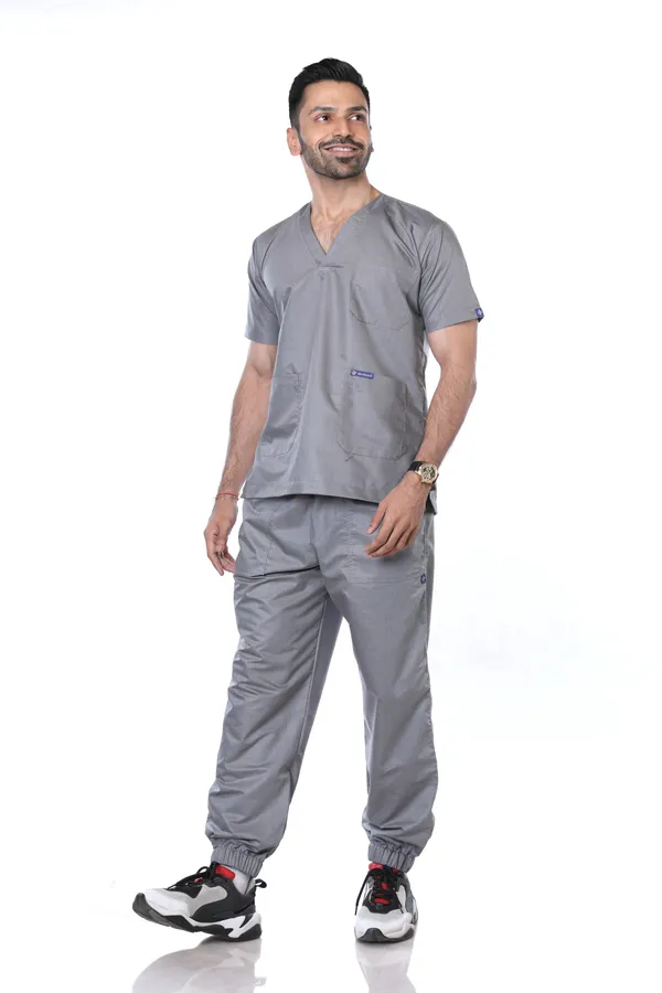 Grey_7_Pocket_Mandarin_Collar_Scrub_With_Cap_&_Mask_For_Men