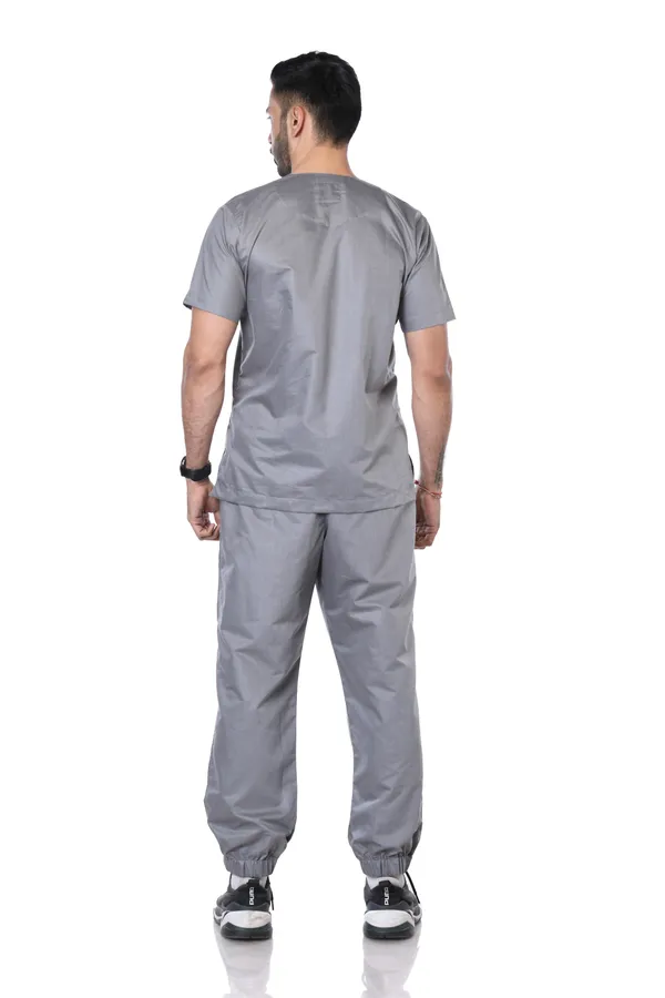 Grey_7_Pocket_Mandarin_Collar_Scrub_With_Cap_&_Mask_For_Men