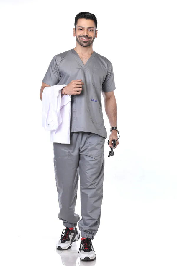 Grey_7_Pocket_Mandarin_Collar_Scrub_With_Cap_&_Mask_For_Men