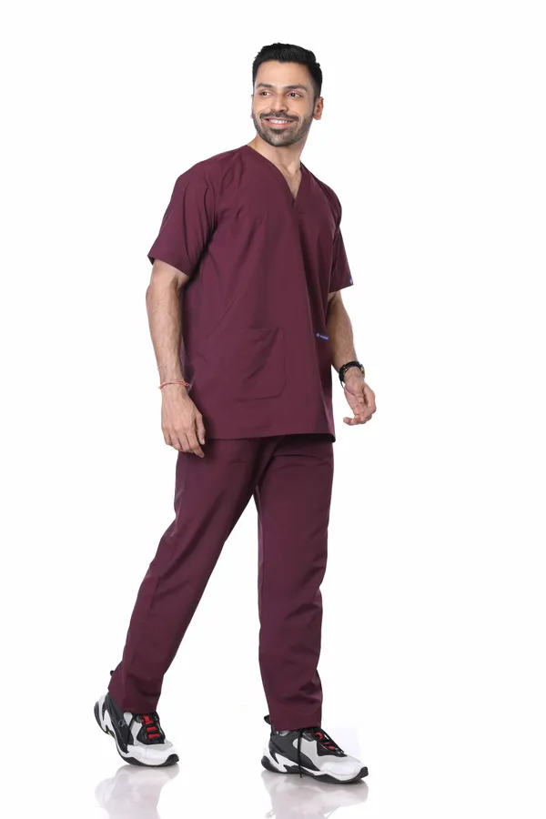 Wine_5_Pocket_V_Neck_Scrub_With_Cap_&_Mask_For_Men